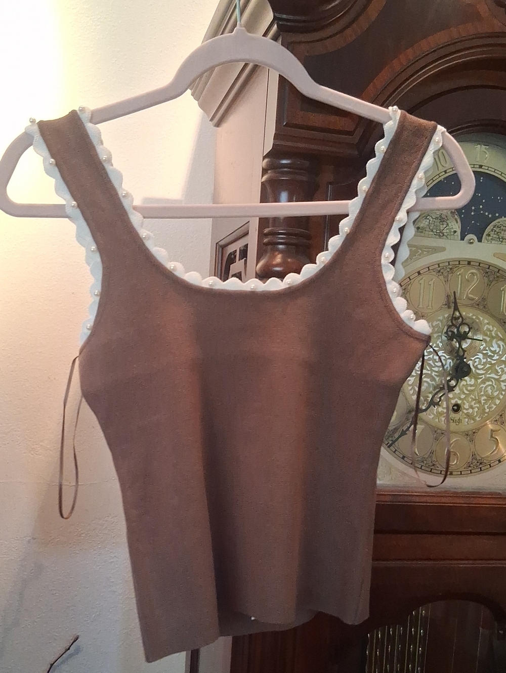 Love Tree Brown Ribbed Tank with White Scalloped Trim